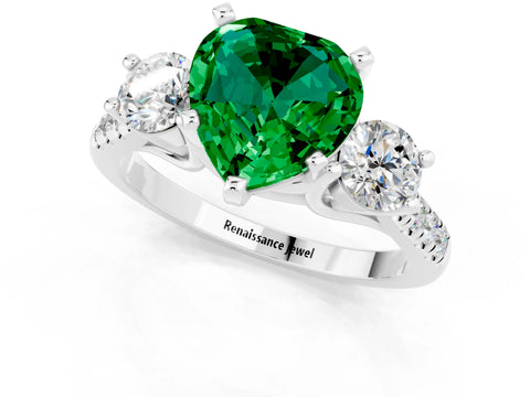 White gold Three-Stone Heart Cut Emerald Pavé Band with Four-Prong Setting_1