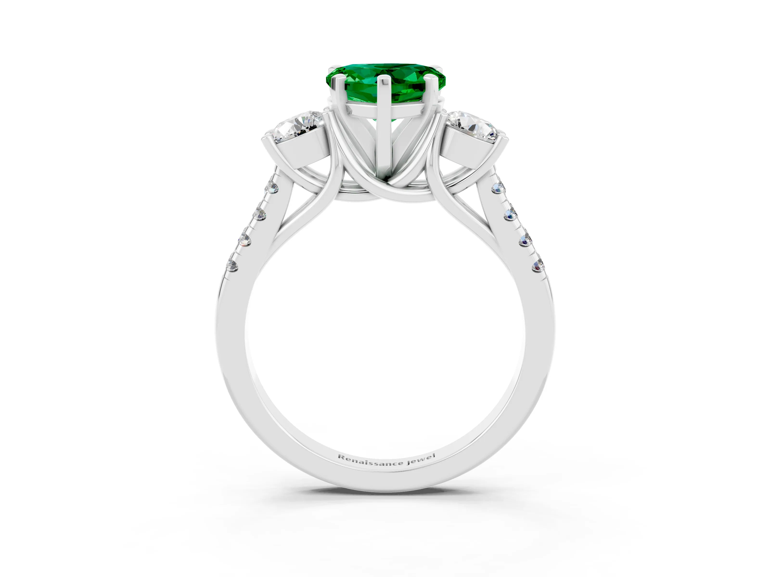 White gold Three-Stone Heart Cut Emerald Pavé Band with Four-Prong Setting_3