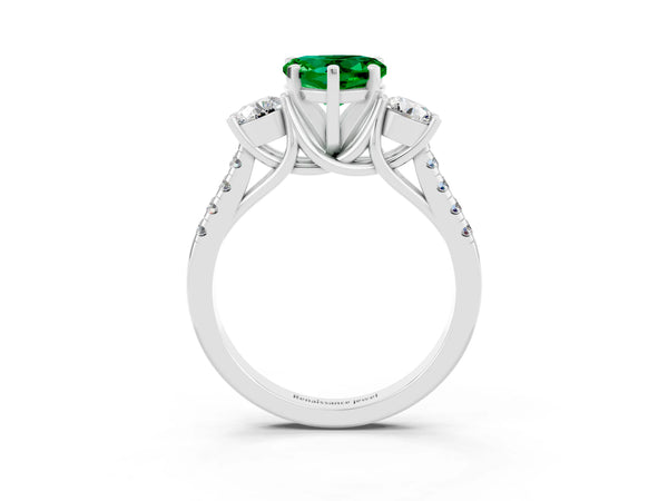 Platinum Three-Stone Heart Cut Emerald Pavé Band with Four-Prong Setting
