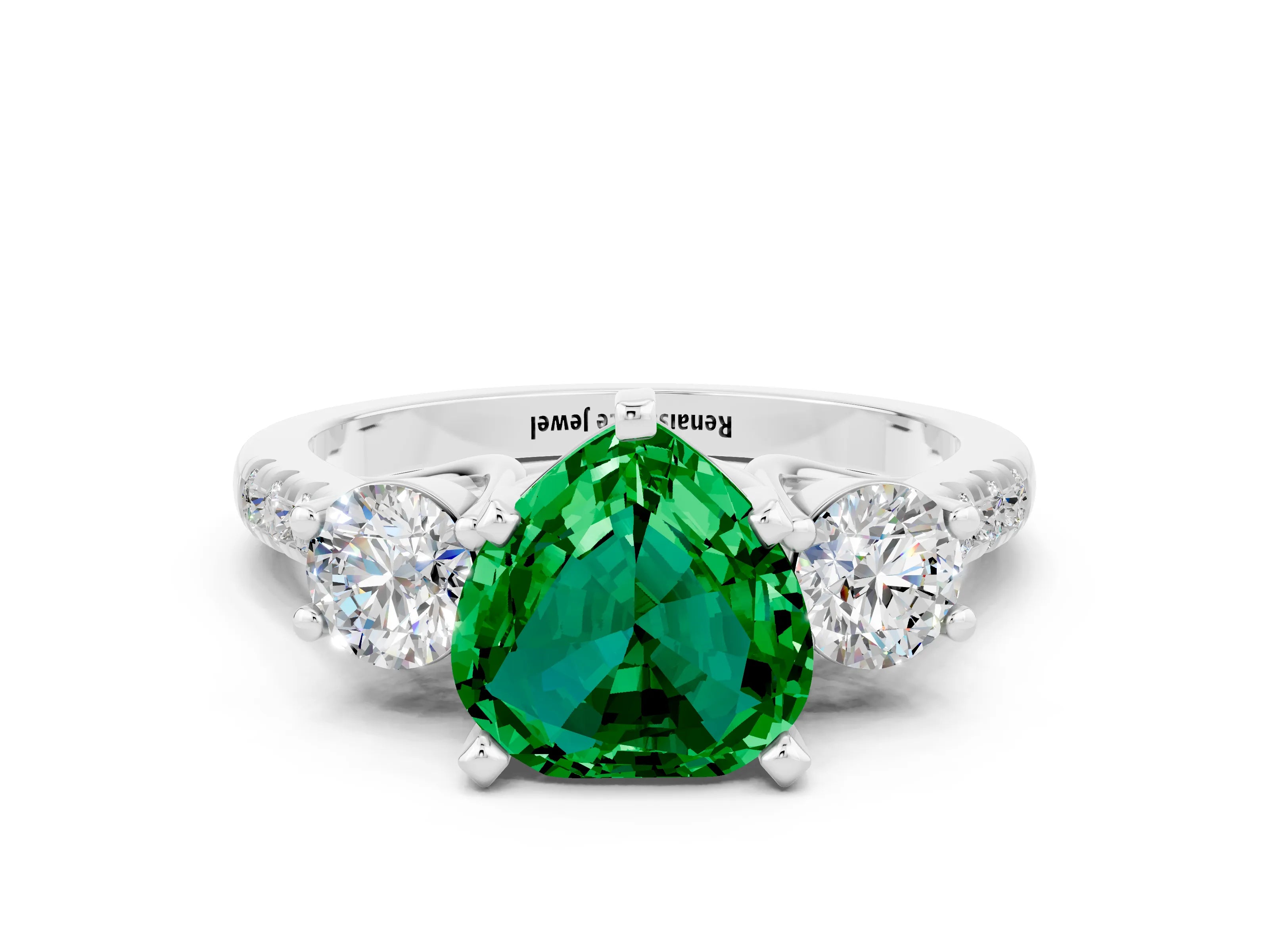 White gold Three-Stone Heart Cut Emerald Pavé Band with Four-Prong Setting