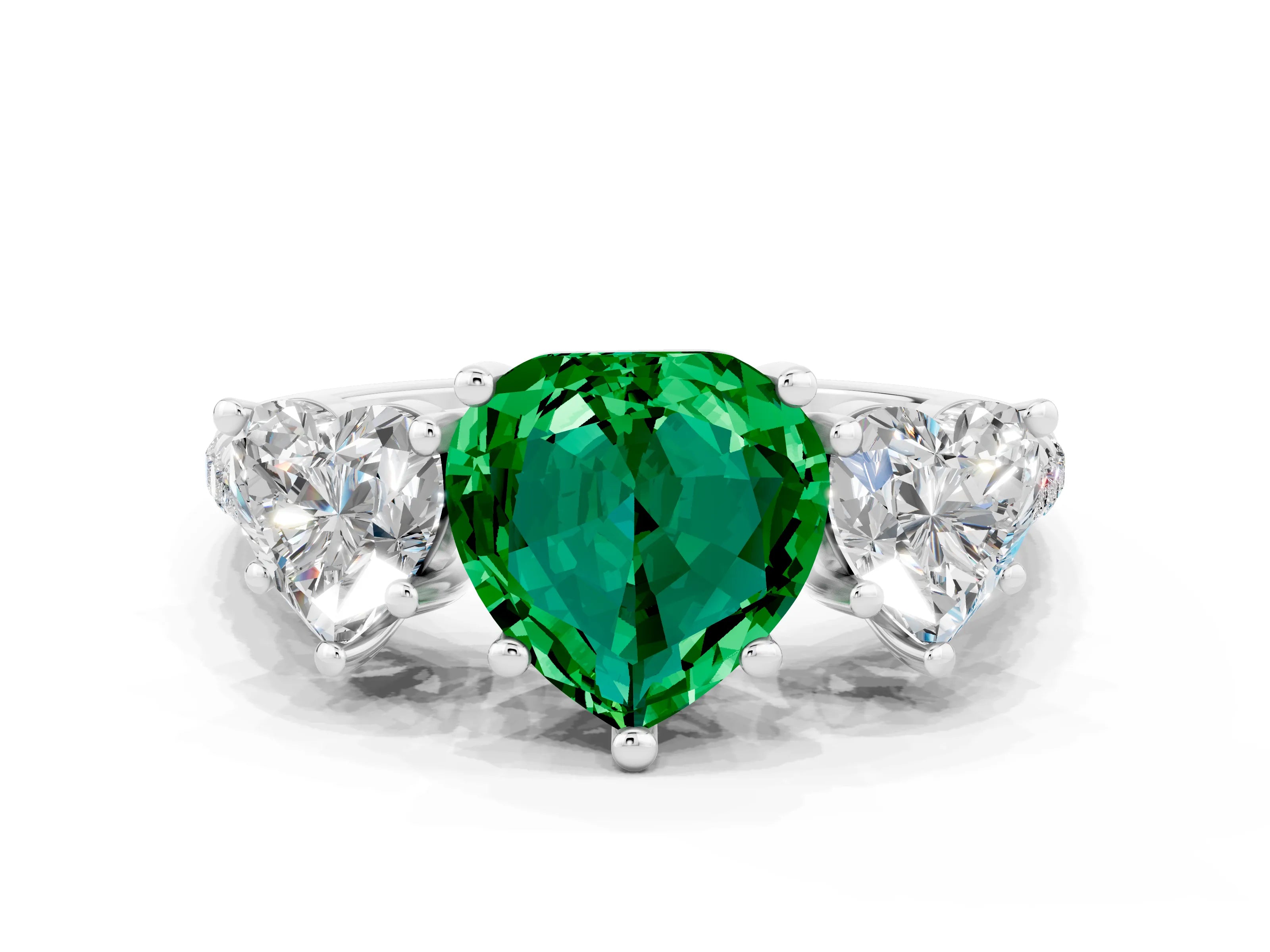 White gold Three-Stone Heart Cut Emerald Ring with Pavé Band and Prong Setting_12