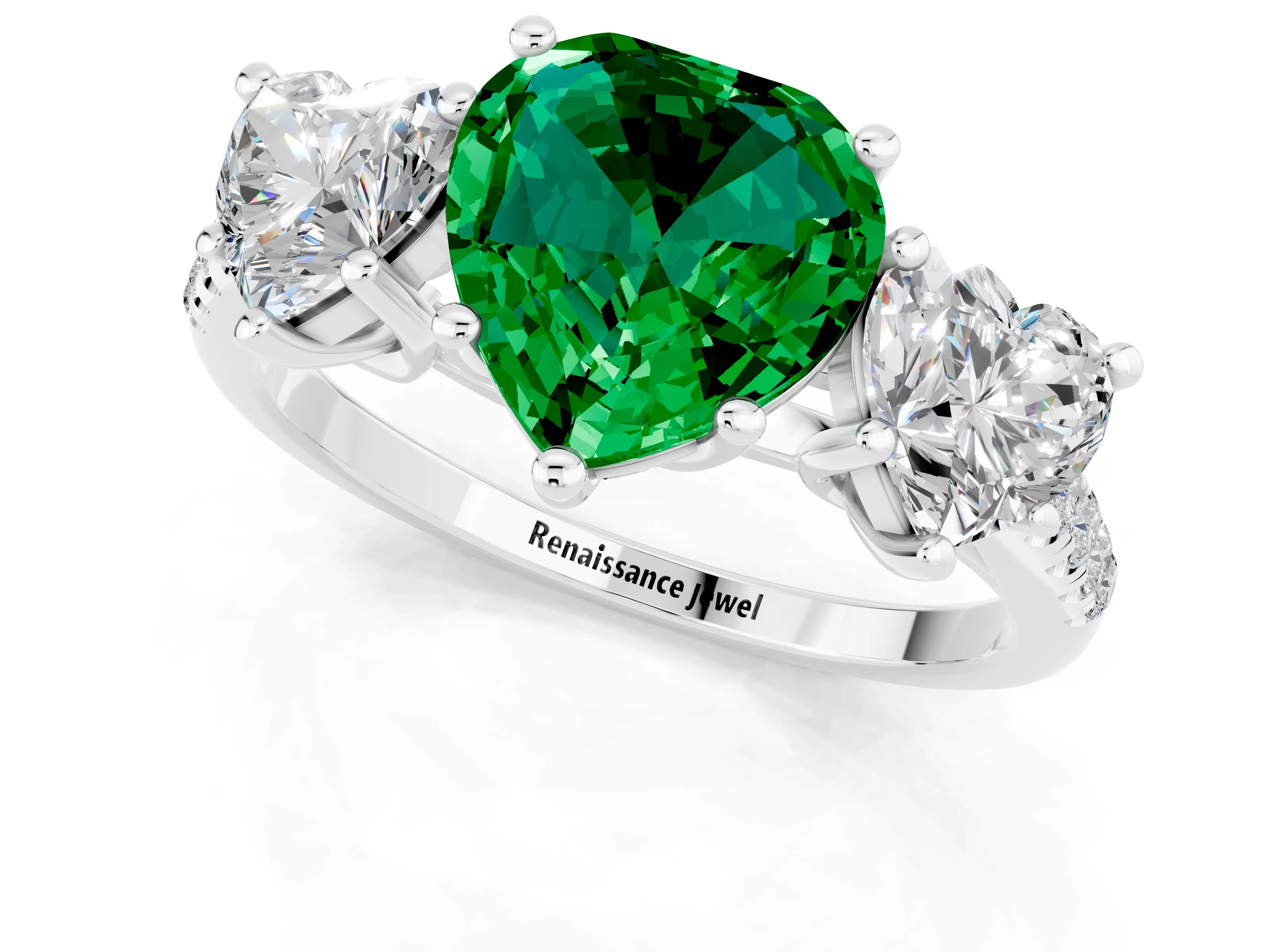 White gold Three-Stone Heart Cut Emerald Ring with Pavé Band and Prong Setting_13