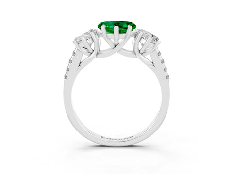 White gold Three-Stone Heart Cut Emerald Ring with Pavé Band and Prong Setting_15