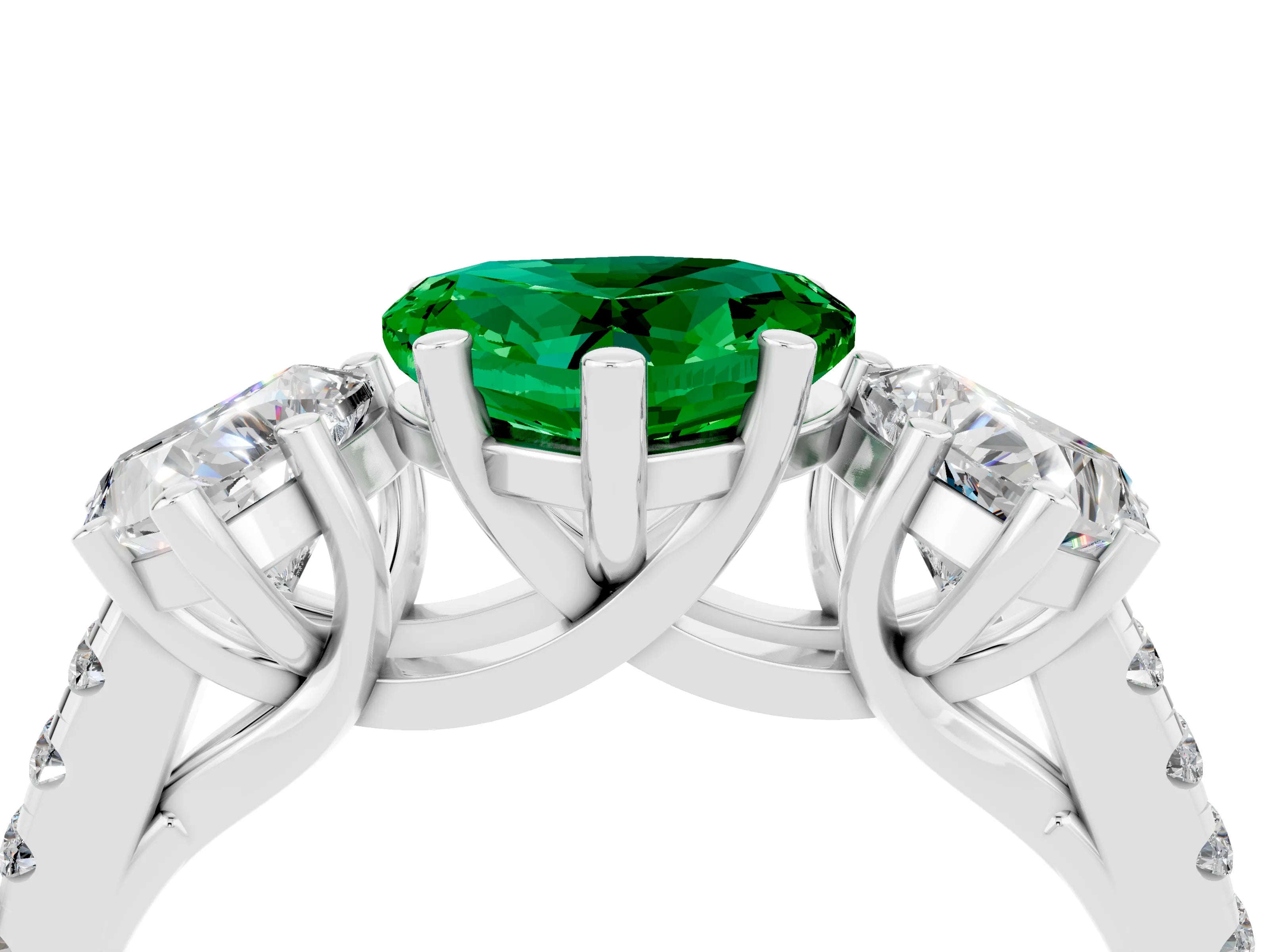 White gold Three-Stone Heart Cut Emerald Ring with Pavé Band and Prong Setting_16