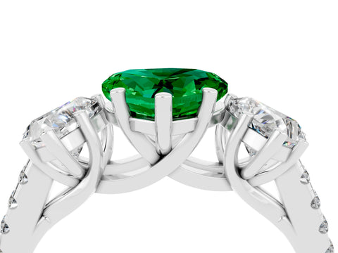 White gold Three-Stone Heart Cut Emerald Ring with Pavé Band and Prong Setting_16