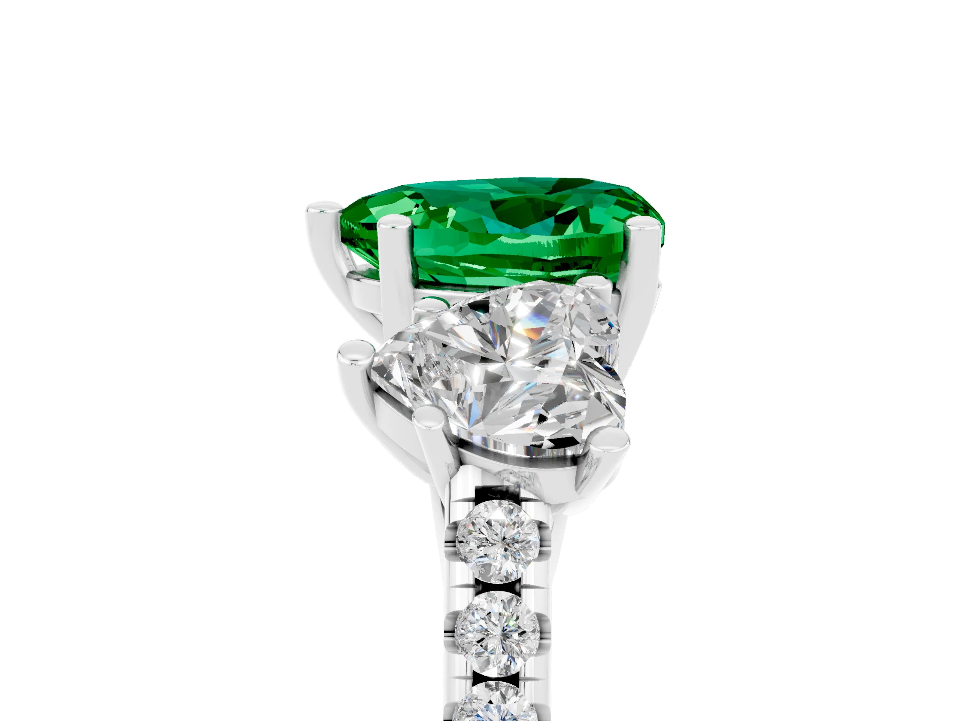White gold Three-Stone Heart Cut Emerald Ring with Pavé Band and Prong Setting_17