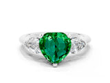 White gold Three-Stone Heart Cut Emerald Ring with Pear Side Stones and Four-Prong Setting