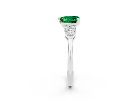 White gold Three-Stone Heart Cut Emerald Ring with Pear Side Stones and Four-Prong Setting_2