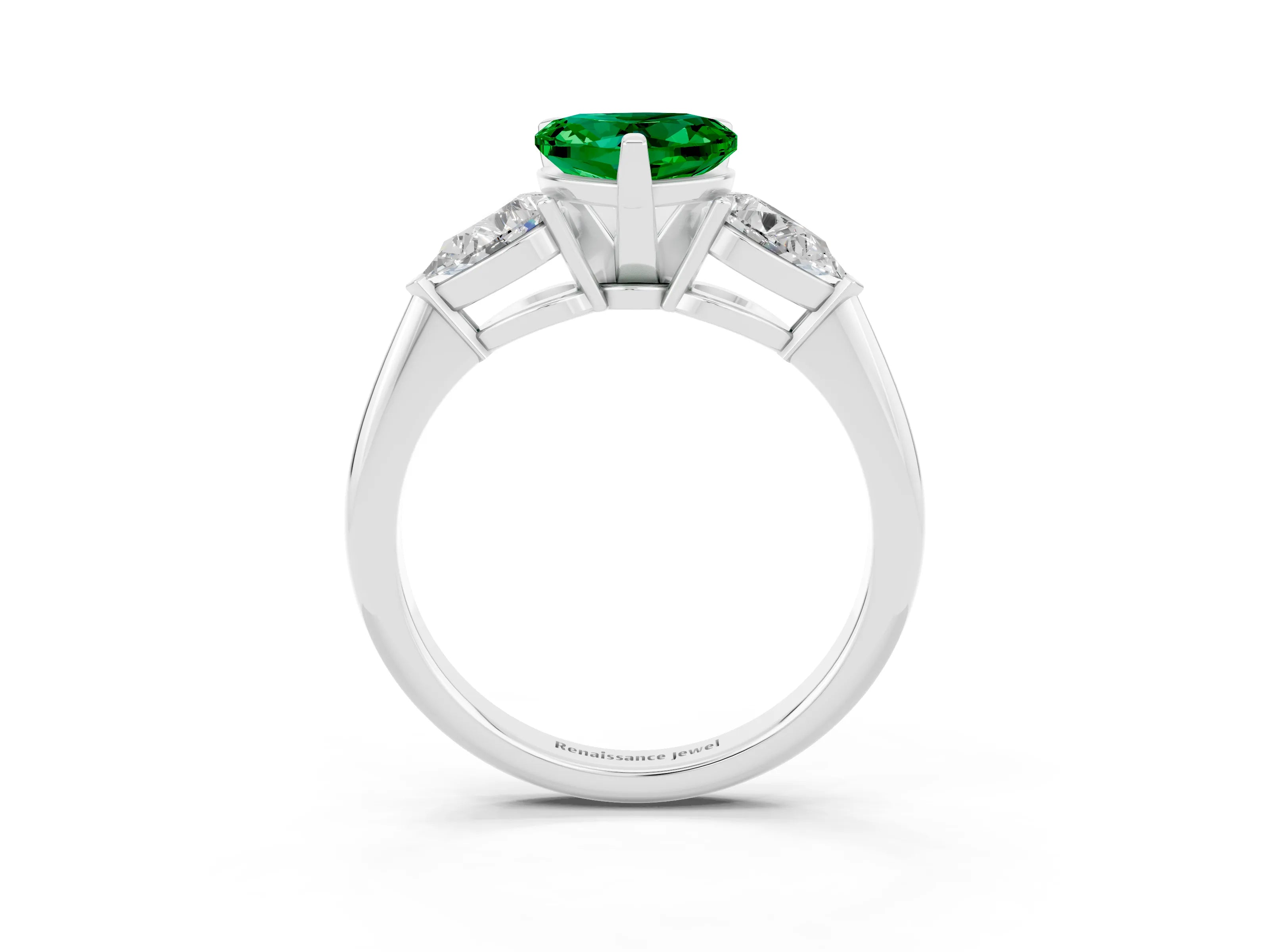 White gold Three-Stone Heart Cut Emerald Ring with Pear Side Stones and Four-Prong Setting_3