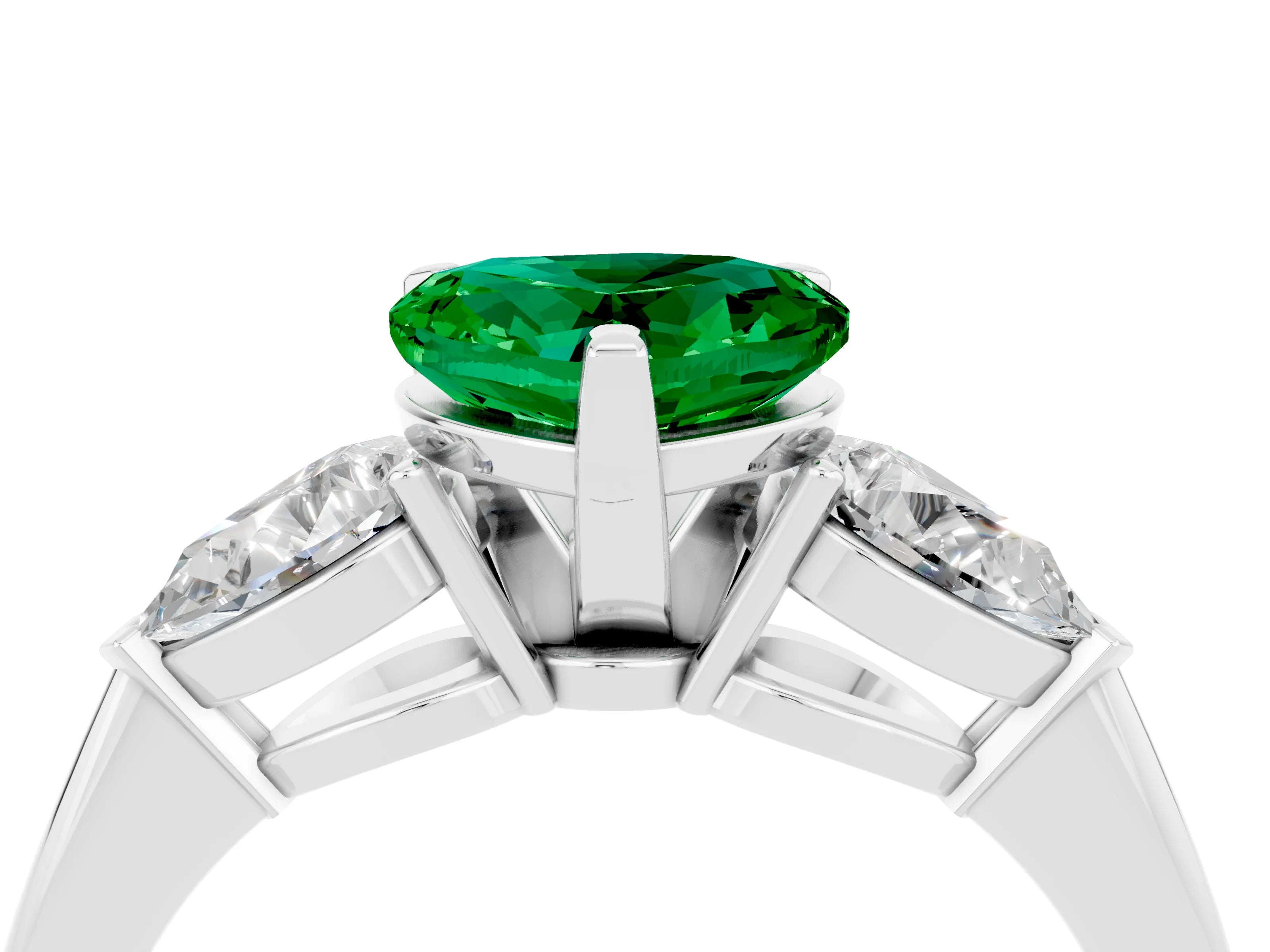 White gold Three-Stone Heart Cut Emerald Ring with Pear Side Stones and Four-Prong Setting_4