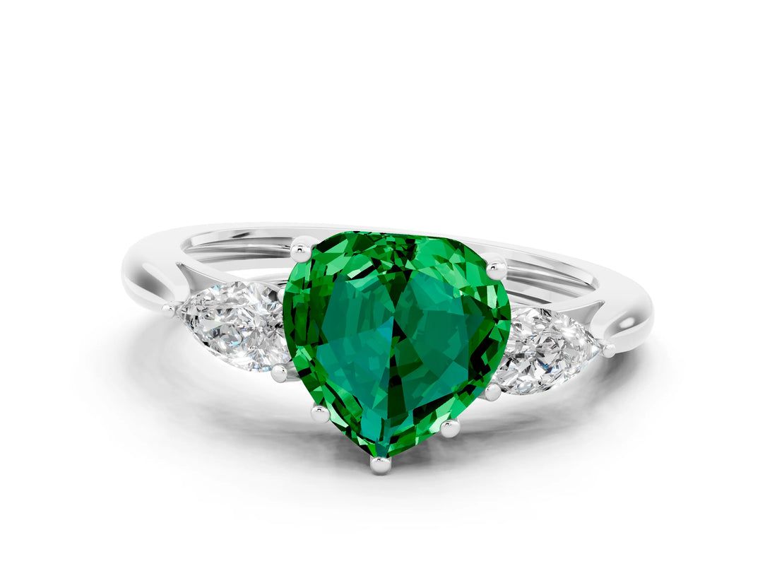 White gold Three-Stone Heart Cut Emerald Ring with Pear  Side Stones in Four-Prong Setting_12