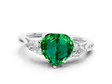 White gold Three-Stone Heart Cut Emerald Ring with Pear  Side Stones in Four-Prong Setting_12