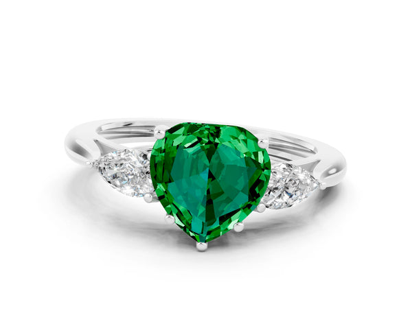 Silver Three-Stone Heart Cut Emerald Ring with Pear  Side Stones in Four-Prong Setting
