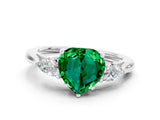 White gold Three-Stone Heart Cut Emerald Ring with Pear  Side Stones in Four-Prong Setting_48