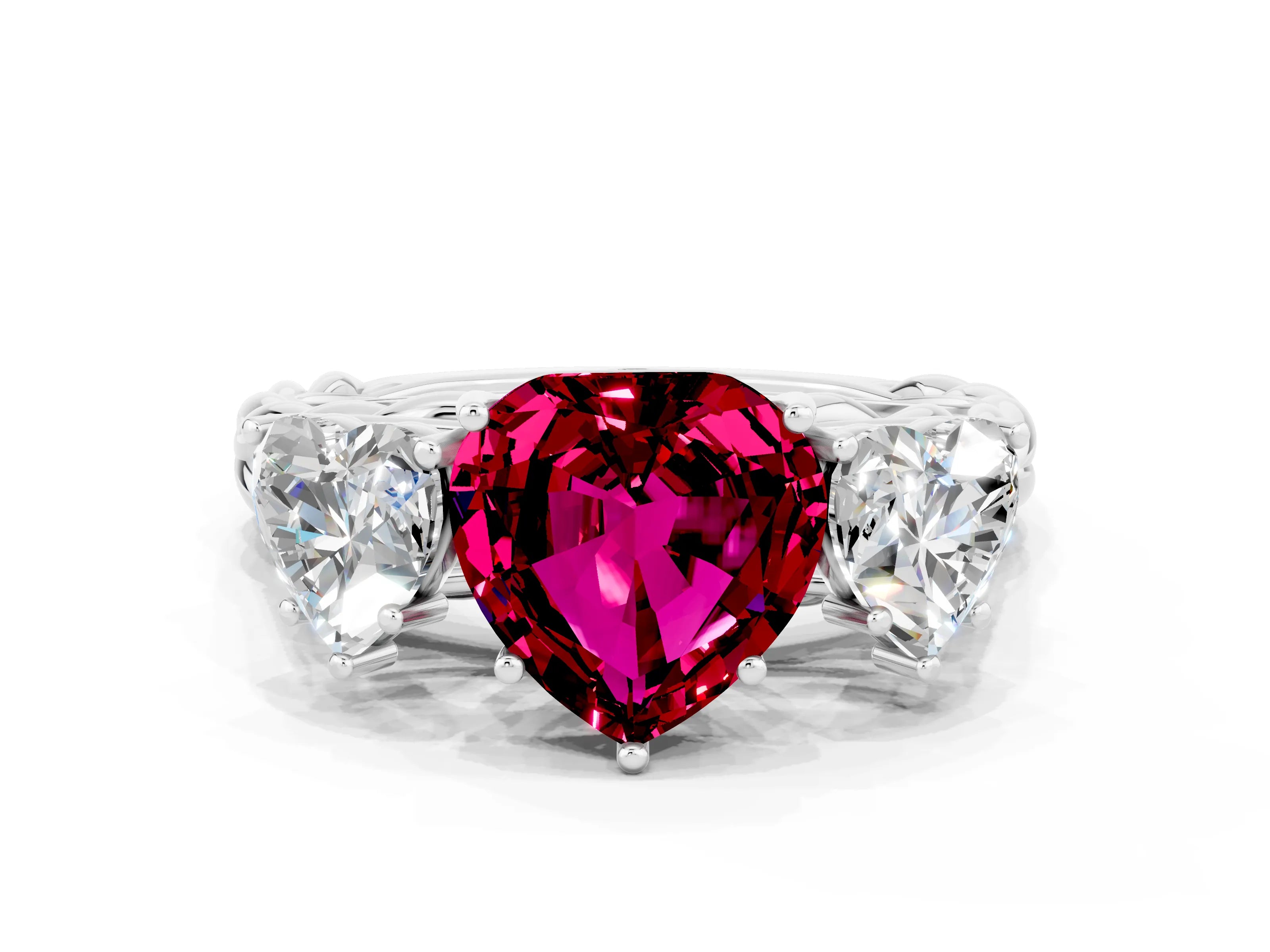 White gold Three-Stone Heart Cut Garnet Braided Band Ring with Four-Prong Setting_45