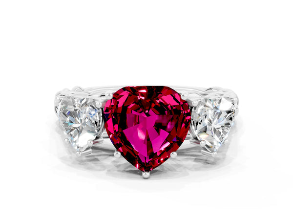 White gold Three-Stone Heart Cut Garnet Braided Band Ring with Four-Prong Setting