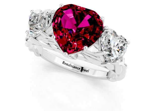 Platinum Three-Stone Heart Cut Garnet Braided Band Ring with Four-Prong Setting