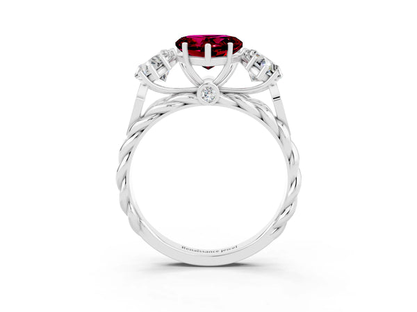 Silver Three-Stone Heart Cut Garnet Braided Band Ring with Four-Prong Setting