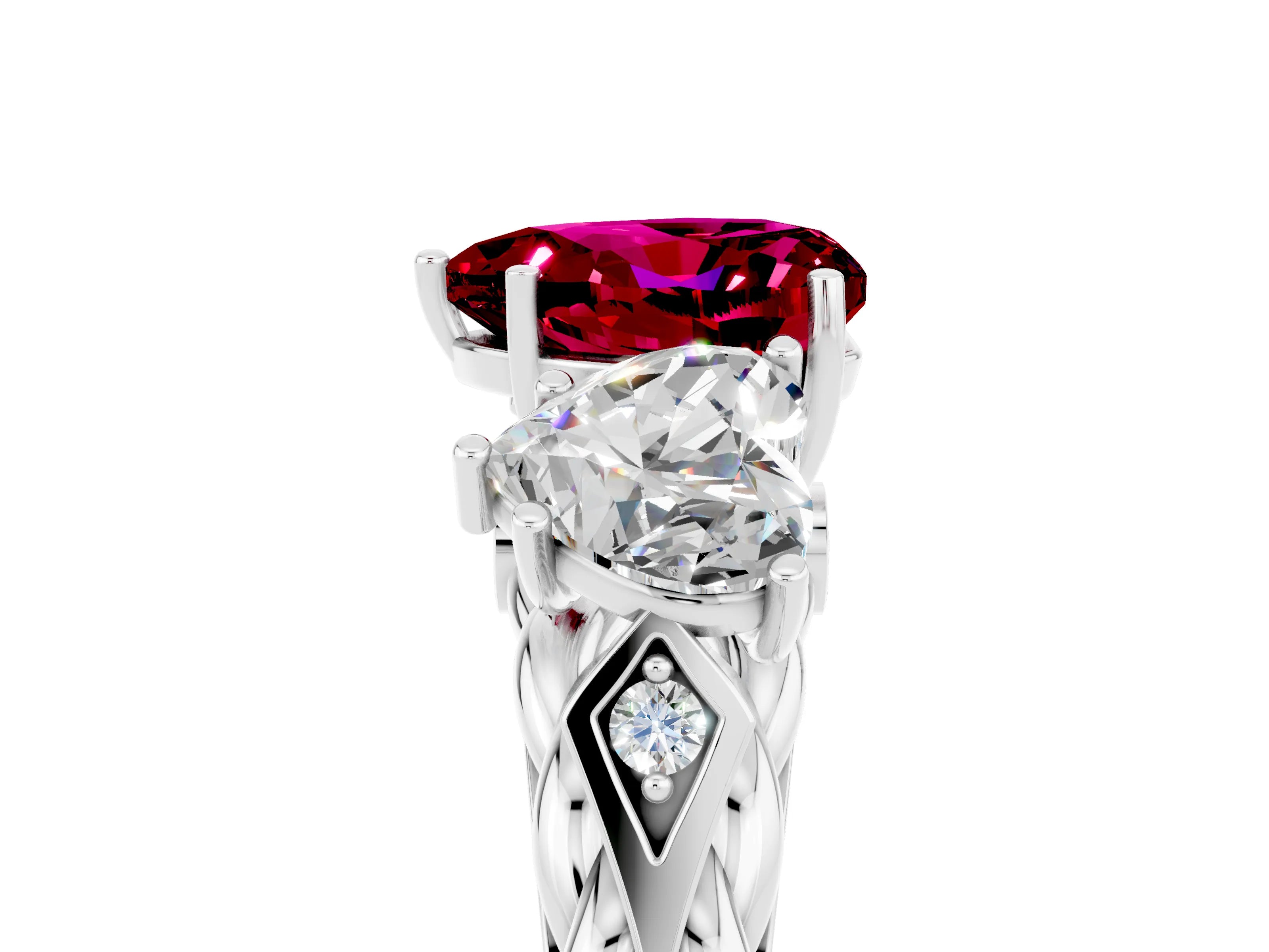 White gold Three-Stone Heart Cut Garnet Braided Band Ring with Four-Prong Setting_53