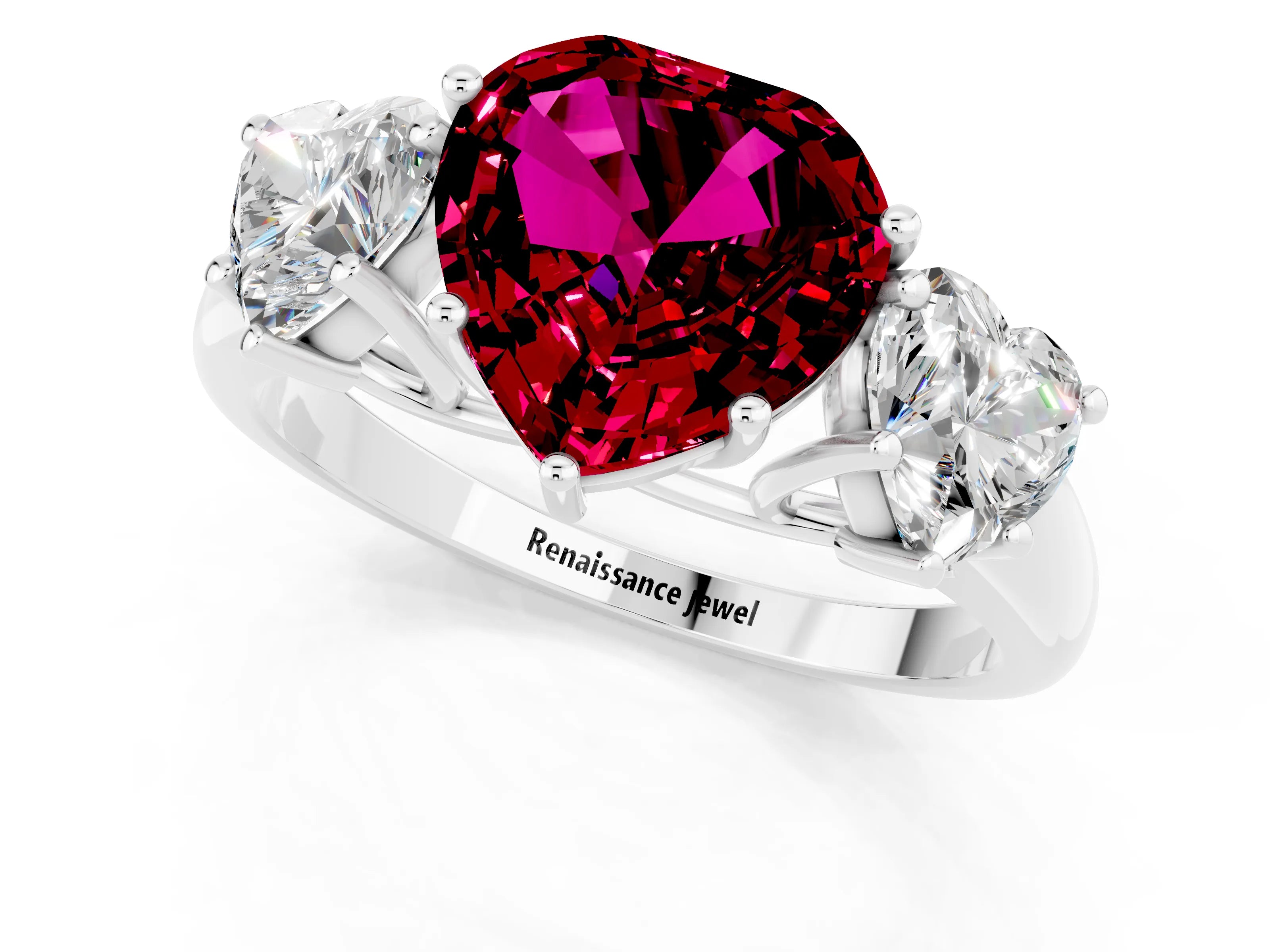 White gold Three-Stone Heart Cut Garnet Engagement Ring with Prong Setting_1