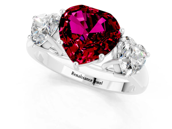 Platinum Three-Stone Heart Cut Garnet Engagement Ring with Prong Setting