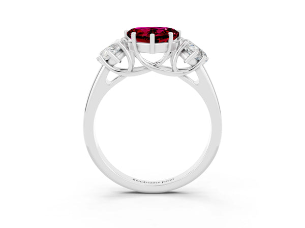 White gold Three-Stone Heart Cut Garnet Engagement Ring with Prong Setting