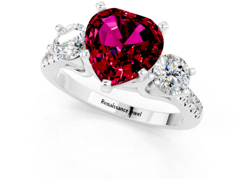 White gold Three-Stone Heart Cut Garnet Pavé Band with Four-Prong Setting_1