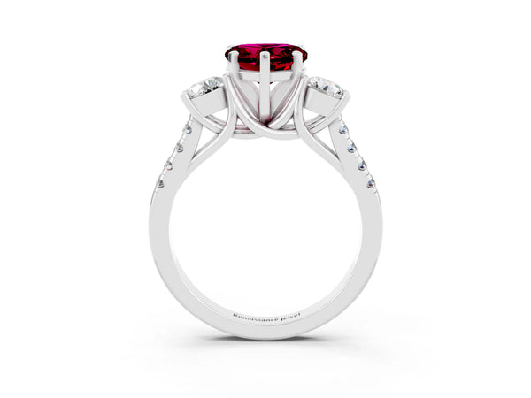 Platinum Three-Stone Heart Cut Garnet Pavé Band with Four-Prong Setting