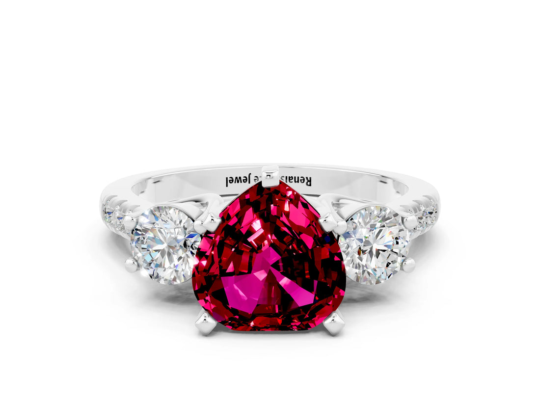 White gold Three-Stone Heart Cut Garnet Pavé Band with Four-Prong Setting