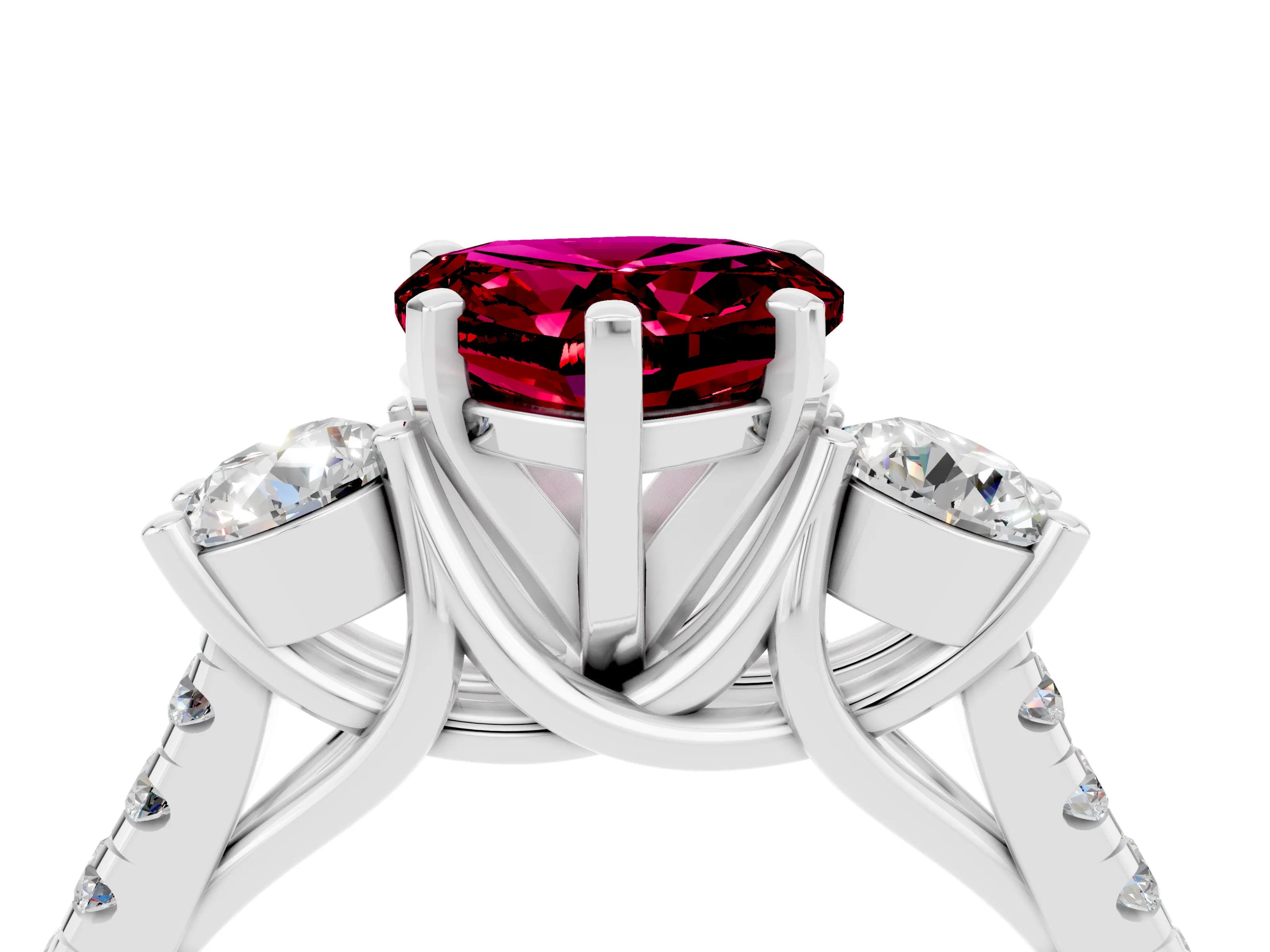 White gold Three-Stone Heart Cut Garnet Pavé Band with Four-Prong Setting_4
