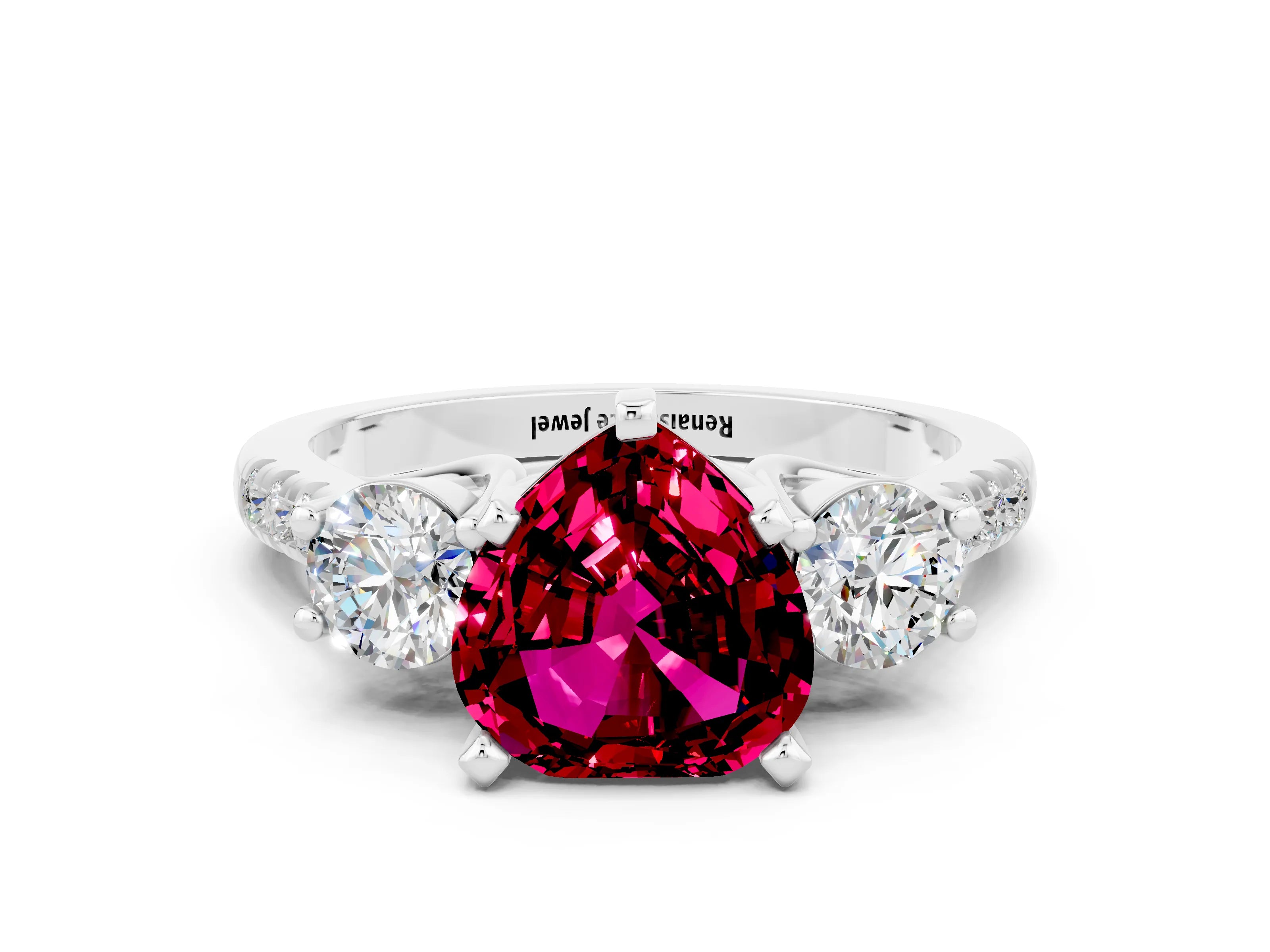 White gold Three-Stone Heart Cut Garnet Pavé Band with Four-Prong Setting
