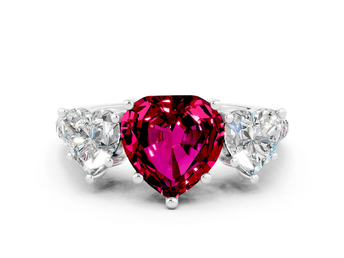White gold Three-Stone Heart Cut Garnet Ring with Pavé Band and Prong Setting_12