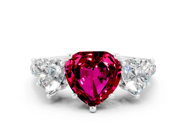 Silver Three-Stone Heart Cut Garnet Ring with Round  Pavé Band and Prong Setting