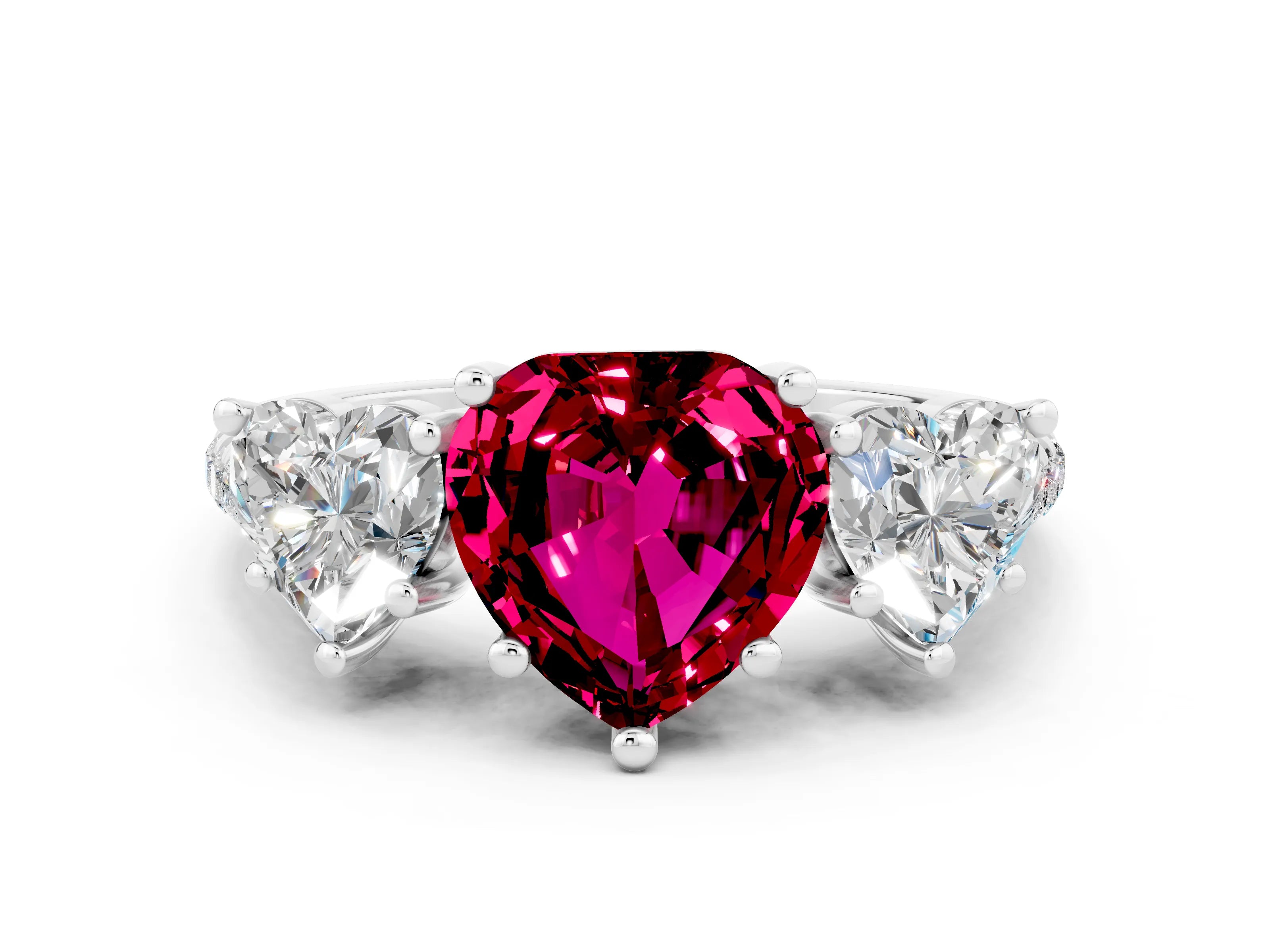 White gold Three-Stone Heart Cut Garnet Ring with Pavé Band and Prong Setting_12