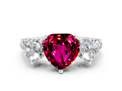 White gold Three-Stone Heart Cut Garnet Ring with Pavé Band and Prong Setting_12