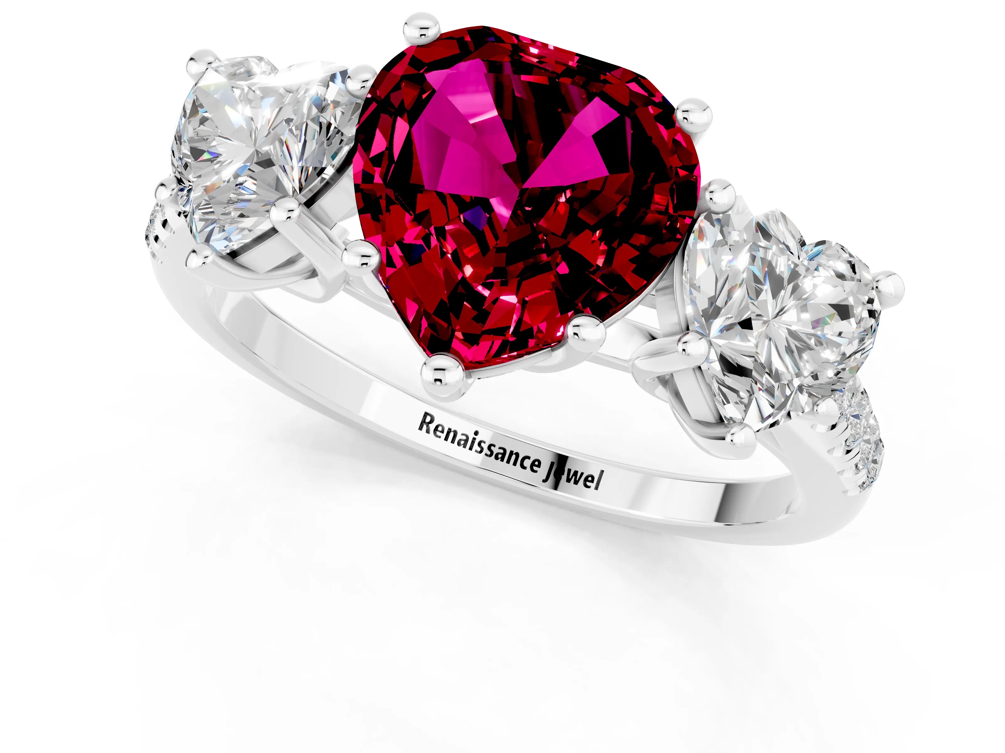 White gold Three-Stone Heart Cut Garnet Ring with Pavé Band and Prong Setting_13