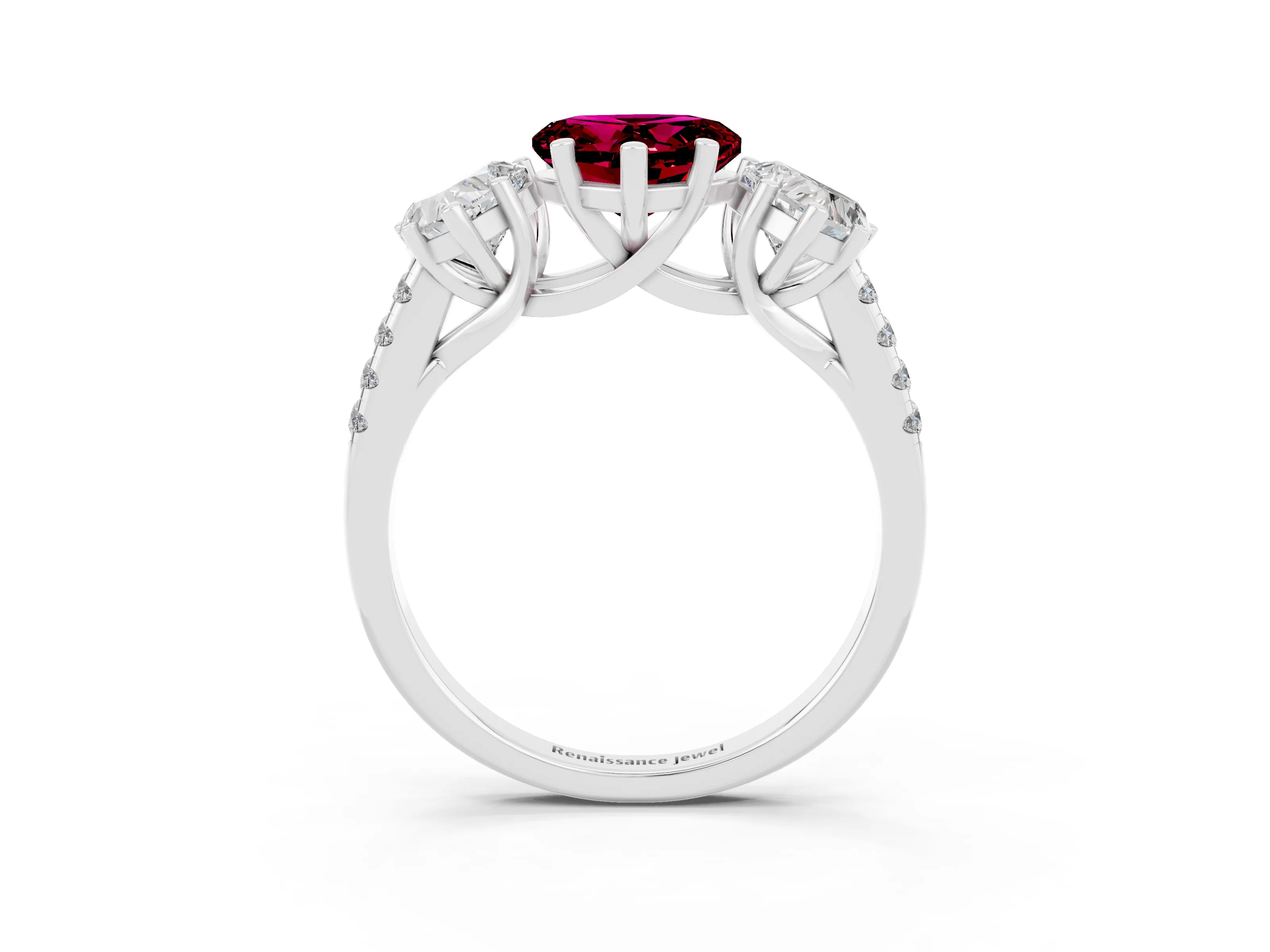 White gold Three-Stone Heart Cut Garnet Ring with Pavé Band and Prong Setting_15