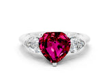 White gold Three-Stone Heart Cut Garnet Ring with Pear Side Stones and Four-Prong Setting