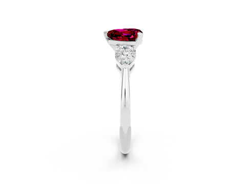 White gold Three-Stone Heart Cut Garnet Ring with Pear Side Stones and Four-Prong Setting_2