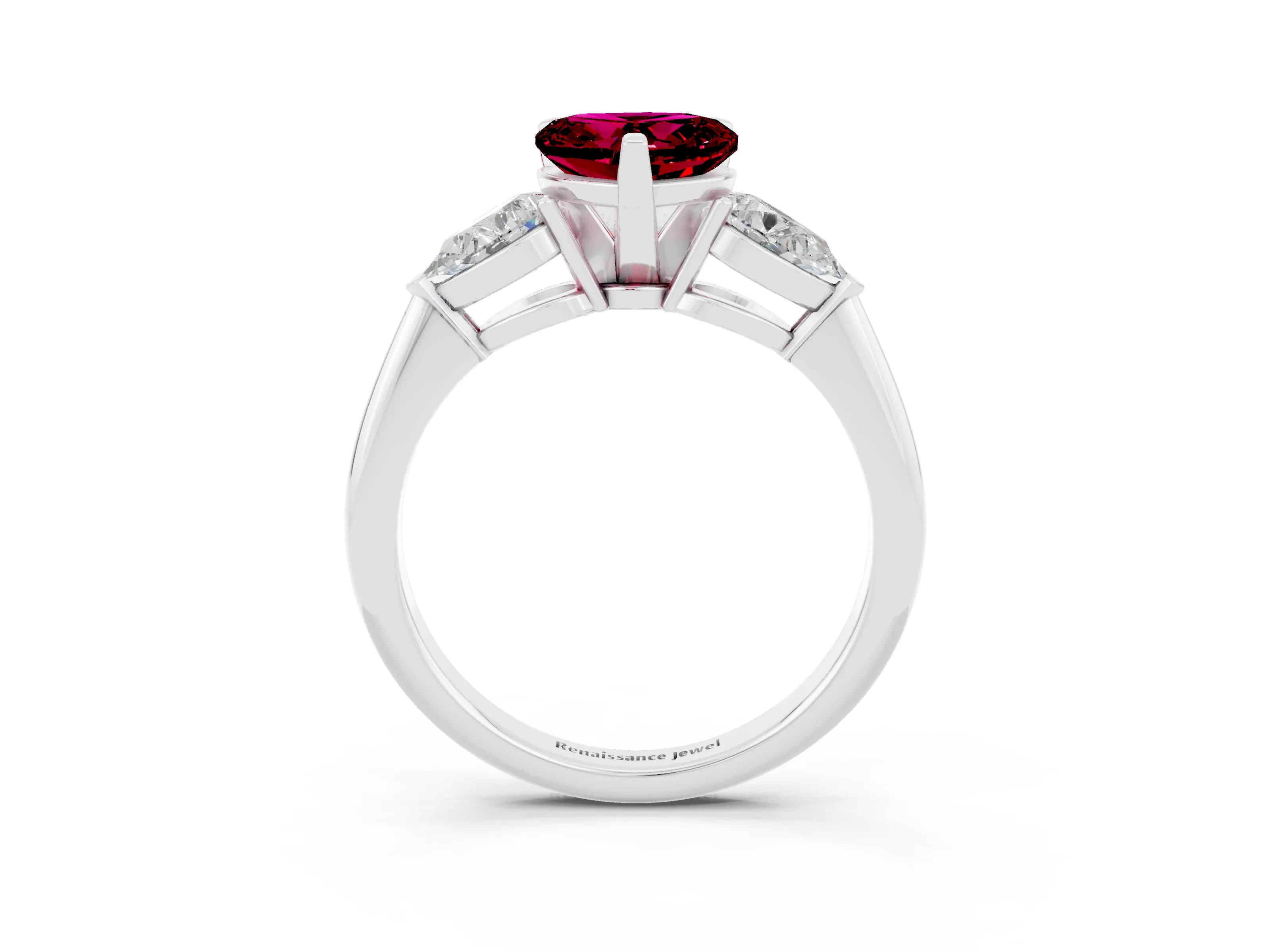 White gold Three-Stone Heart Cut Garnet Ring with Pear Side Stones and Four-Prong Setting_3