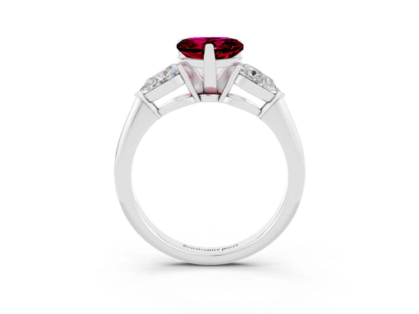 White gold Three-Stone Heart Cut Garnet Ring with Pear Side Stones and Four-Prong Setting
