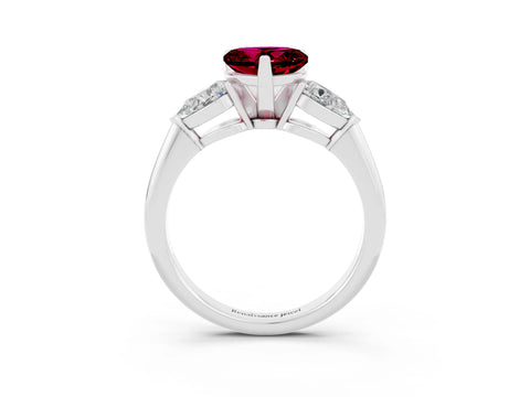 White gold Three-Stone Heart Cut Garnet Ring with Pear Side Stones and Four-Prong Setting_3