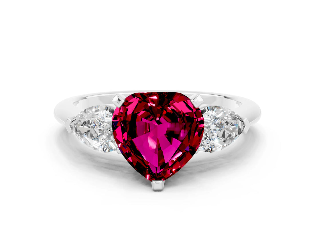 White gold Three-Stone Heart Cut Garnet Ring with Pear Side Stones and Four-Prong Setting