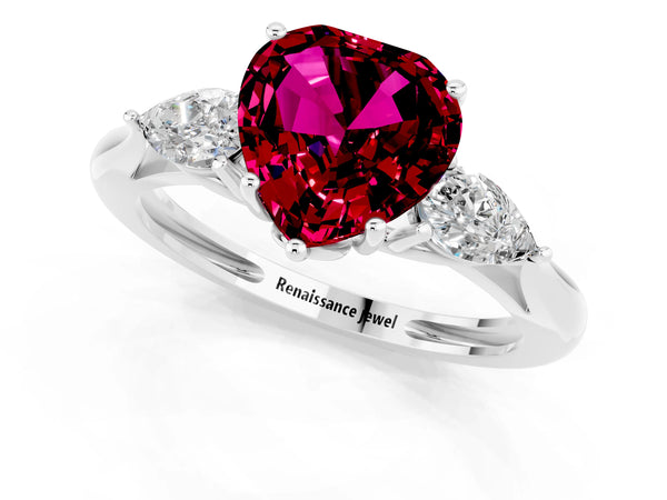 Platinum Three-Stone Heart Cut Garnet Ring with Pear  Side Stones in Four-Prong Setting