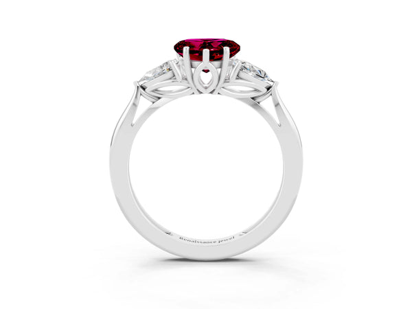 Platinum Three-Stone Heart Cut Garnet Ring with Pear  Side Stones in Four-Prong Setting