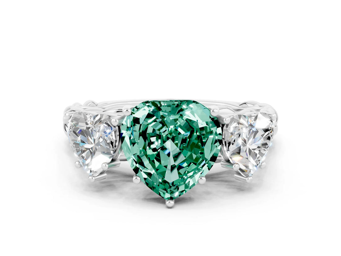 White gold Three-Stone Heart Cut Green Sapphire Braided Band Ring with Four-Prong Setting_12
