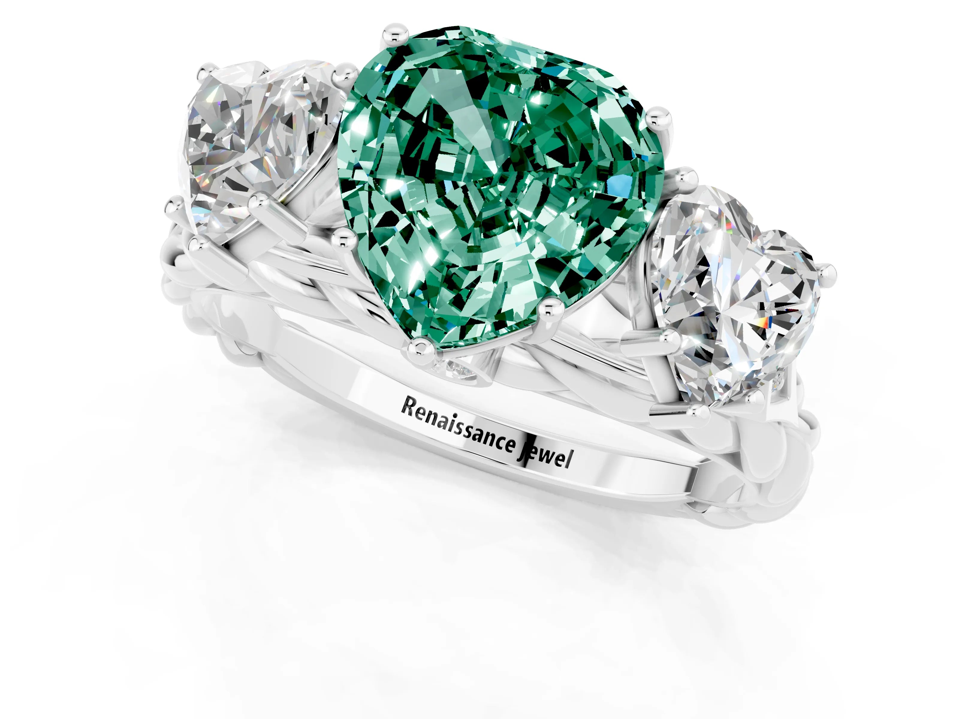 White gold Three-Stone Heart Cut Green Sapphire Braided Band Ring with Four-Prong Setting_13