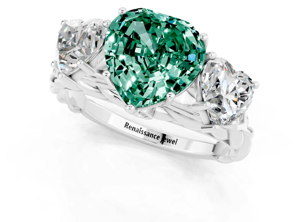 White gold Three-Stone Heart Cut Green Sapphire Braided Band Ring with Four-Prong Setting