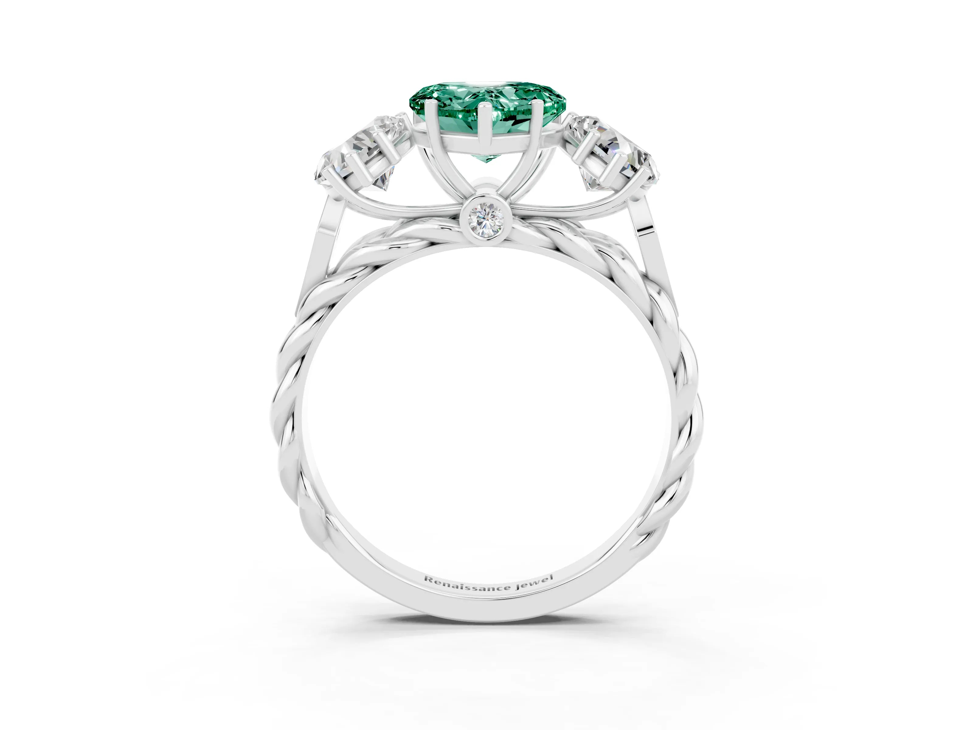 White gold Three-Stone Heart Cut Green Sapphire Braided Band Ring with Four-Prong Setting_15