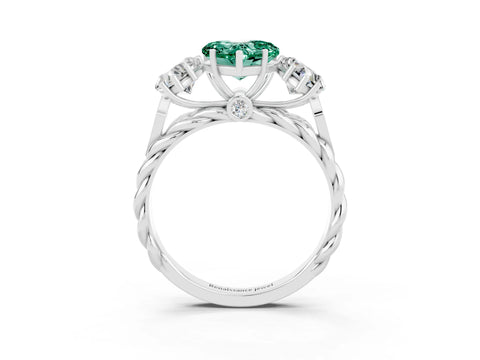 White gold Three-Stone Heart Cut Green Sapphire Braided Band Ring with Four-Prong Setting_15